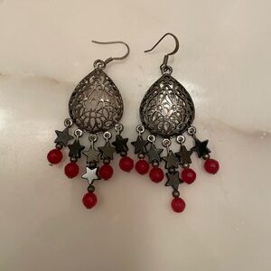 Hand made light weight earrings in black, red and silver tone
